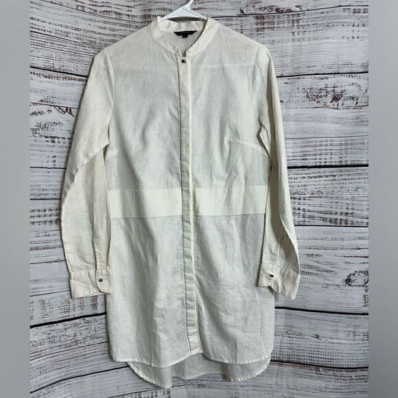 The Executive Top Womens Sz M Gauze Linen blend Ivory Minimalist Mandarin collar - Picture 1 of 10